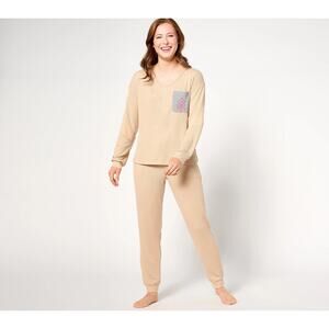 MUK LUKS Waffle & Ribbed Knit Decal Lounge Set Camel 1X A632307